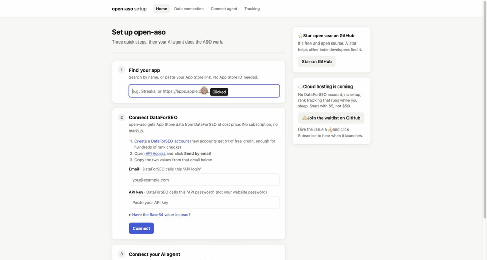 open-aso setup: search for an app by name, see one-click agent setup and starter prompts, then track keywords and a competitor